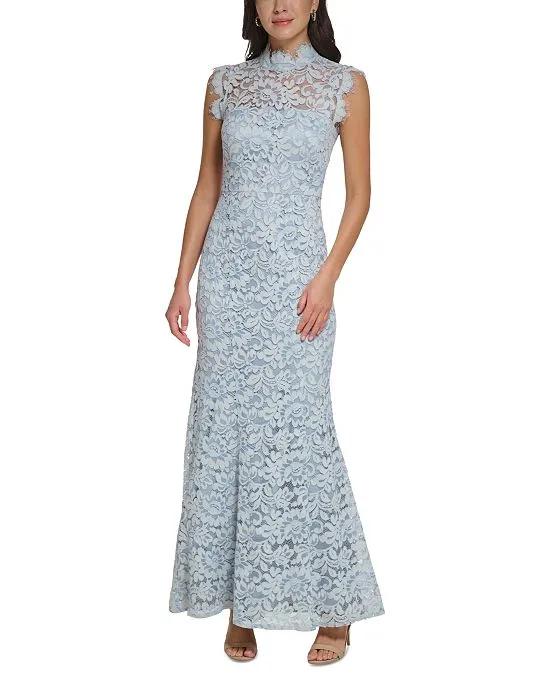 Women's Lace Mock Neck Cutout-Back Sleeveless Gown