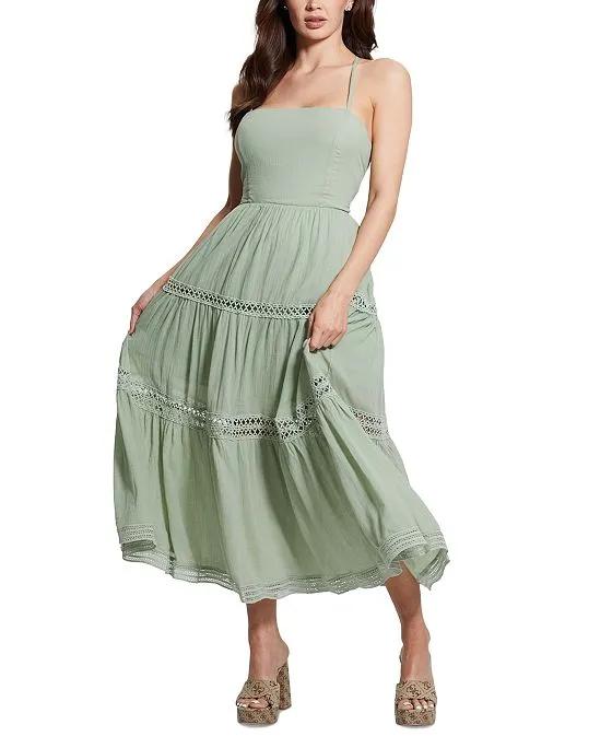 Women's Lace-Trim Lace-Up Tiered Maxi Dress