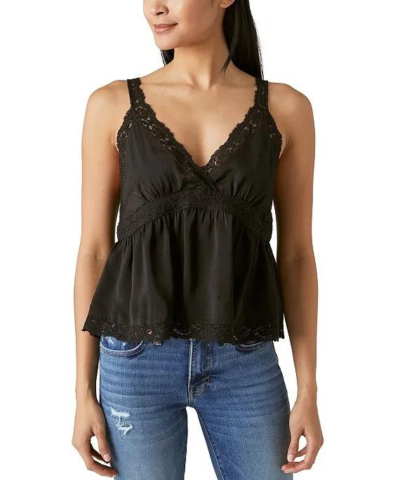 Women's Lace-Trimmed Sateen Babydoll Camisole Top