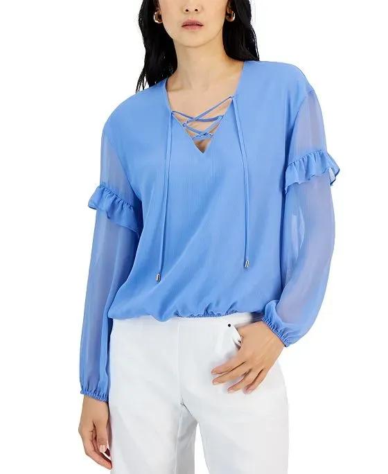 Women's Lace-Up Ruffle-Sleeve Blouse, Created for Macy's