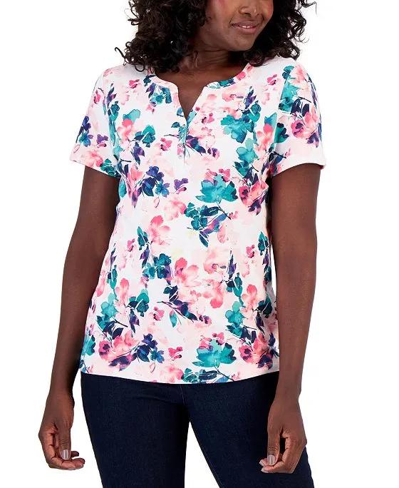 Women's Layered Floral Printed Henley Top, Created for Macy's