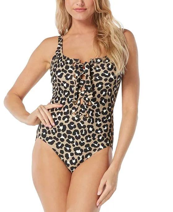 Women's Leopard-Print Lace-Up One-Piece Swimsuit
