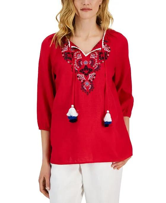 Women's Linen Embroidered 3/4-Sleeve Top, Created for Macy's 