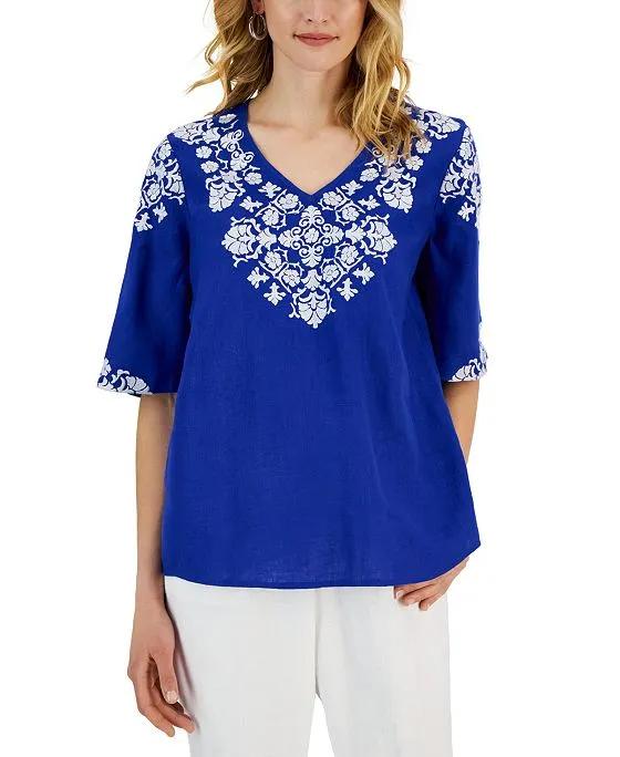 Women's Linen Embroidered V-Neck Top, Created for Macy's 
