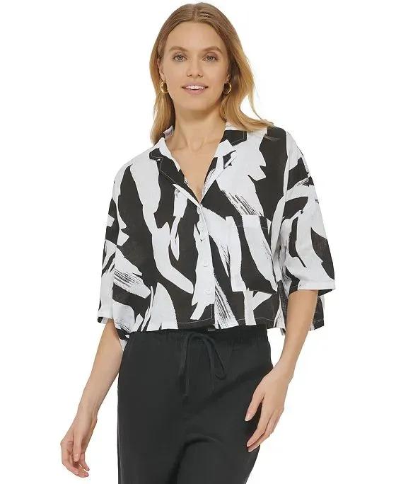 Women's Linen Printed Cropped Short-Sleeve Shirt