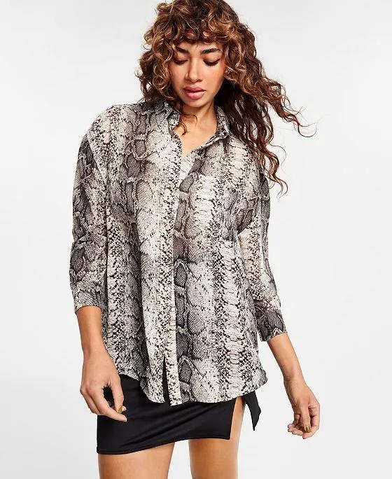 Women's Long-Sleeve Chiffon Button-Up Shirt, Created for Macy's