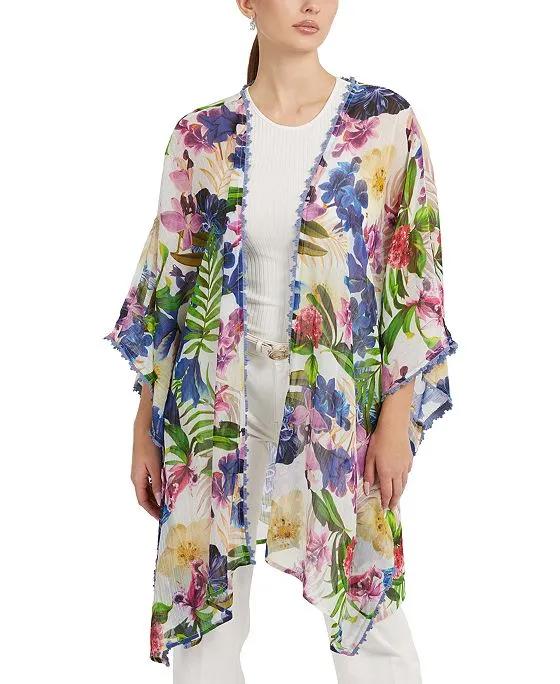 Women's Long-Sleeve Floral-Print Kimono Top