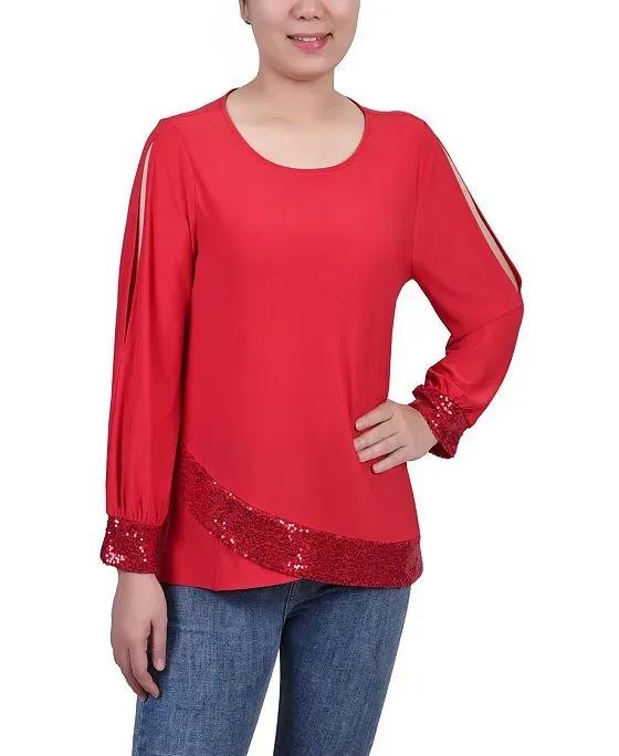 Women's Long Sleeve Knit Top with Sequin Trim