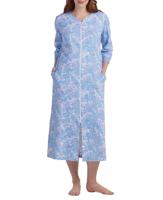 Women's Long Sleeve Long Knit Zip-Up Printed Robe