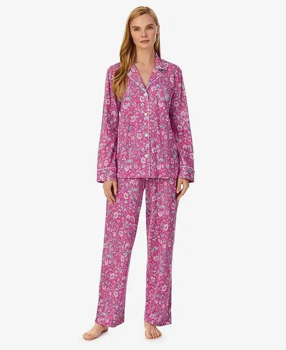 Women's Long Sleeve Notch Collar Long Pant Pajama Set 2 Pieces