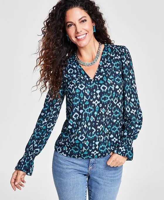 Women's Long-Sleeve Printed V-Neck Top, Created for Macy's 