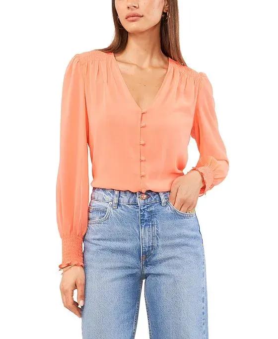 Women's Long Sleeve Smocked Detail Button-Up Blouse