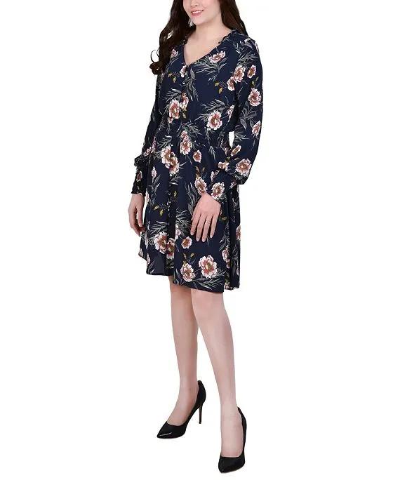 Women's Long Sleeve V Neck Dress with Smocked Cuffs and Waistband