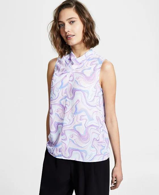 Women's Marble-Print Cowl Neck Sleeveless Blouse, Created for Macy's