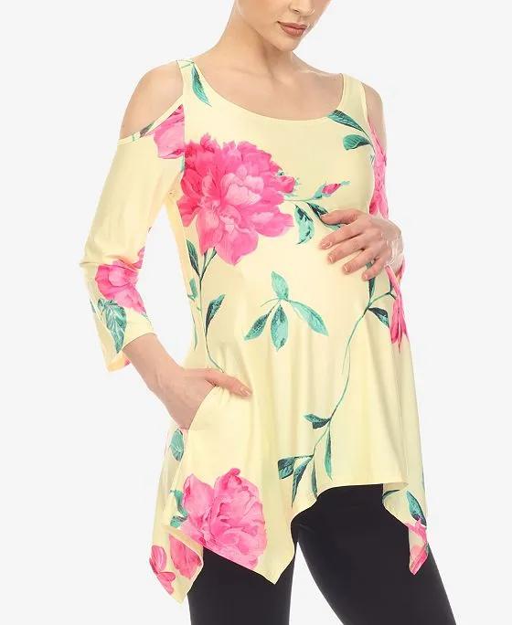 Women's Maternity Floral Printed Cold Shoulder Tunic Top