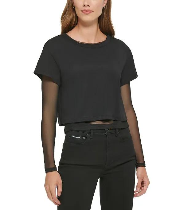 Women's Mesh Layered-Look Cropped T-Shirt