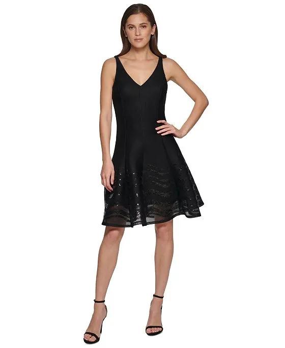 Women's Mesh Sequin-Skirt Fit & Flare Dress