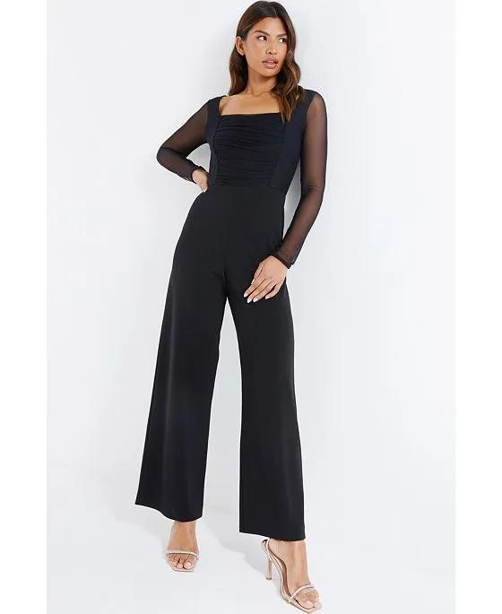 Women's Mesh Sleeve Ruched Jumpsuit