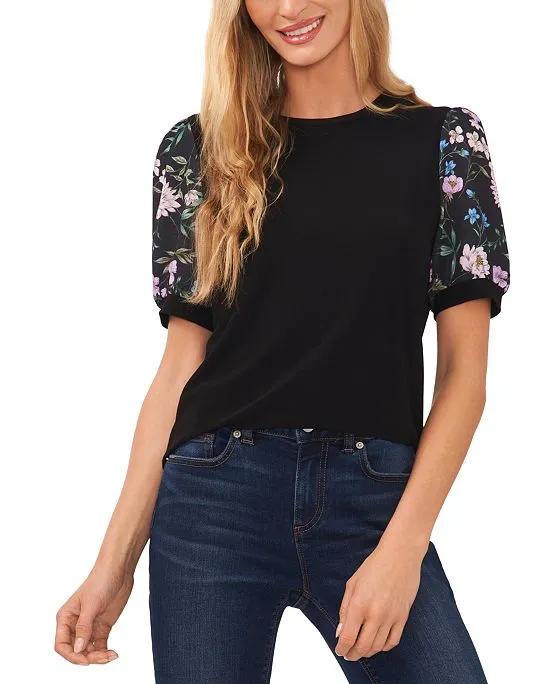 Women's Mixed-Media Floral Puff-Sleeve Top