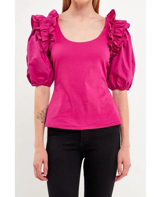 Women's Mixed Media Ruffle Detail Fitted Top