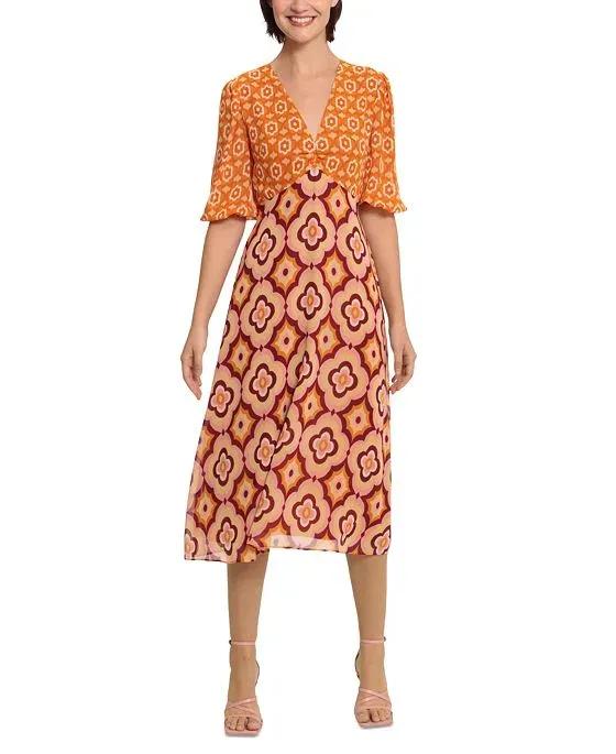 Women's Mixed-Print Elbow-Sleeve Midi Dress