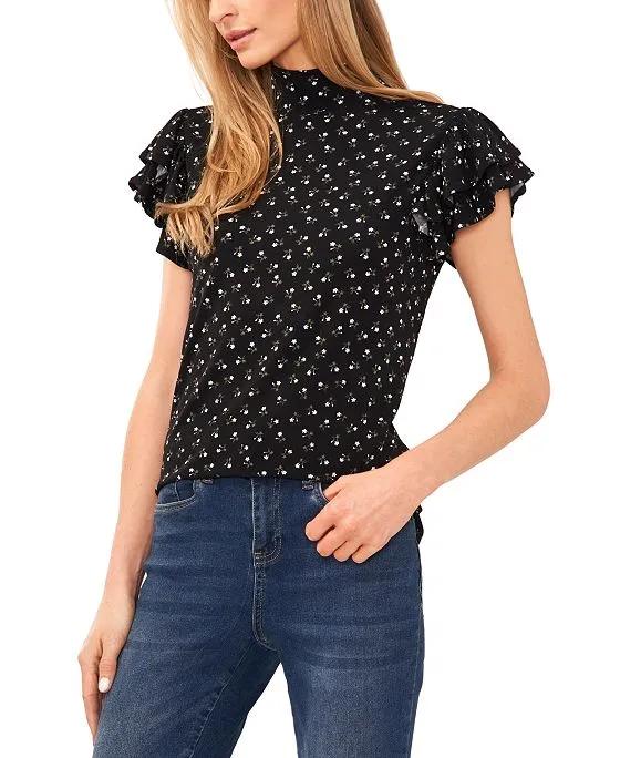 Women's Mock Neck Double Ruffle Sleeve Floral-Print Knit Top