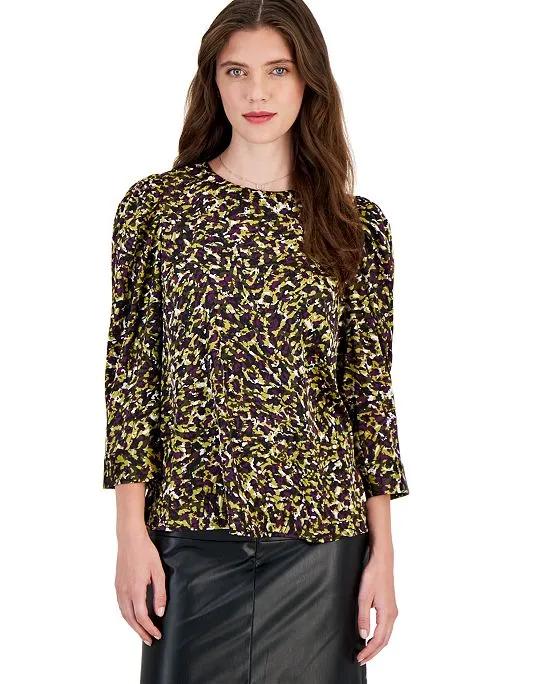 Women's Multi-Print Scoop-Neck Puff-Shoulder Blouse, Created for Macy's