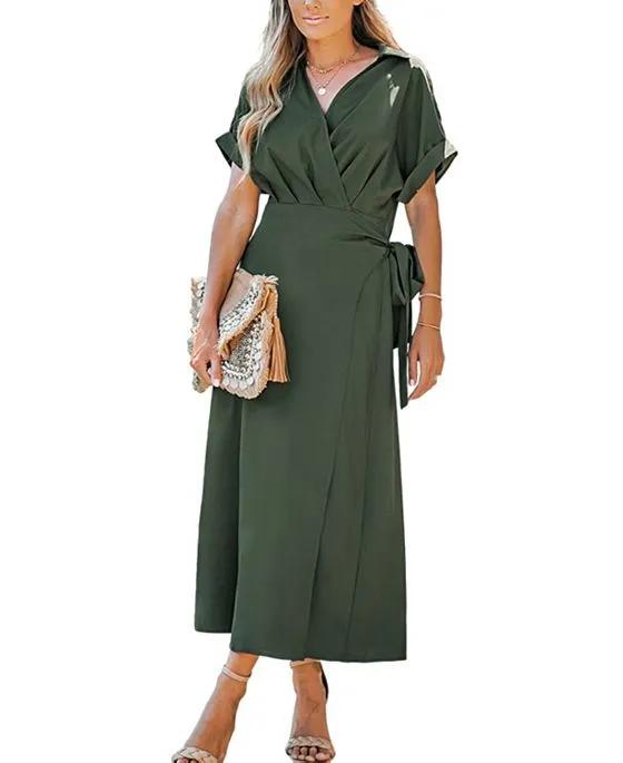 Women's Olive Belted Midi Cover Up Dress
