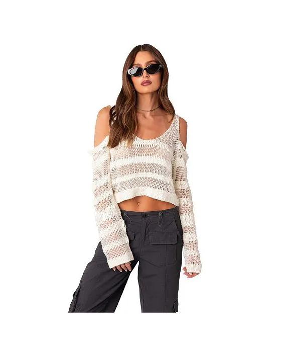 Women's Open Knit Texture Sweater With Shoulder Cutouts