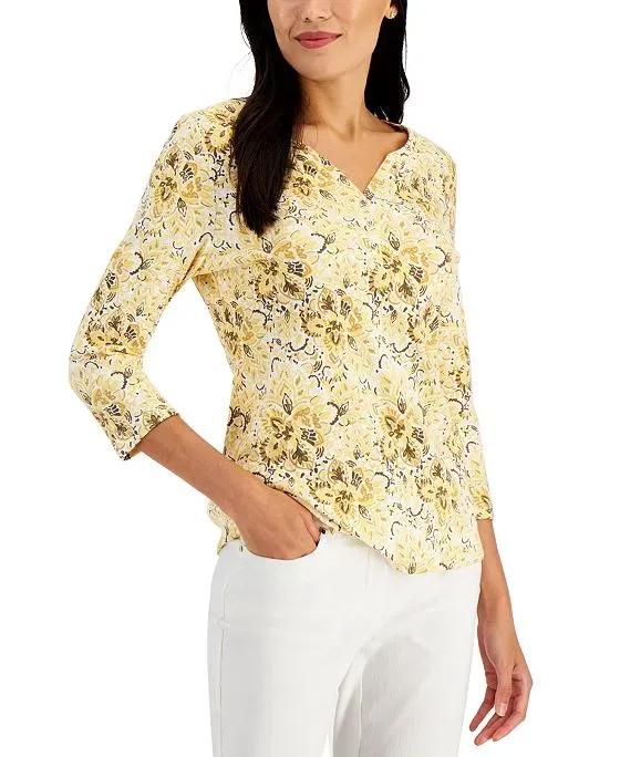 Women's Painted Fans Printed Henley Top, Created for Macy's