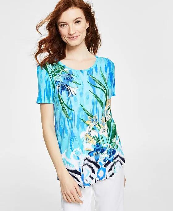 Women's Palm-Print Ikat Short-Sleeve Top, Created for Macy's