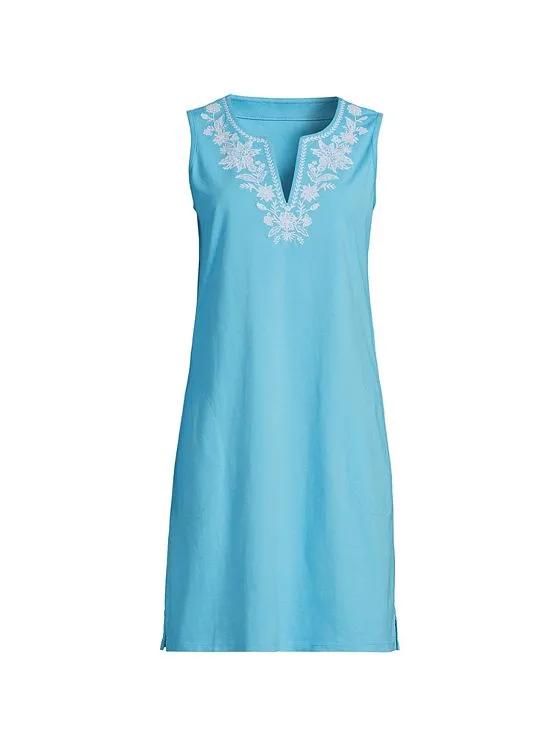Women's Petite Embroidered Cotton Jersey Sleeveless Swim Cover-up Dress