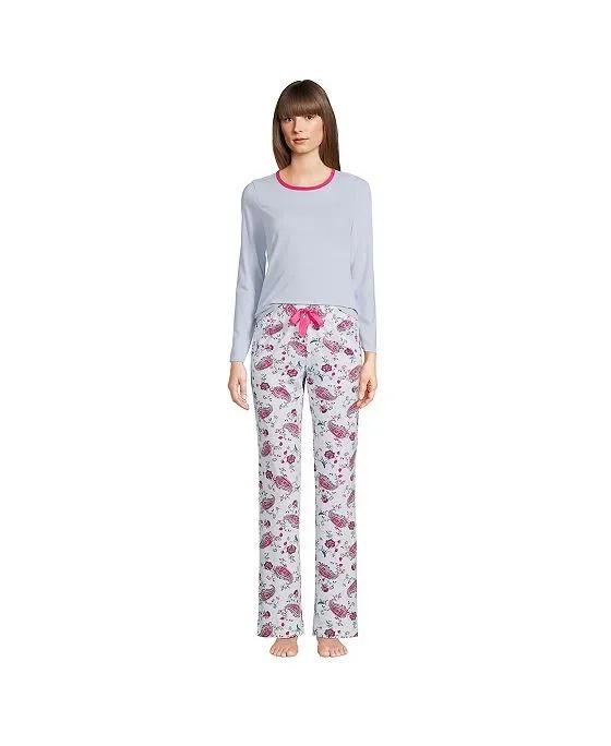 Women's Petite Knit Pajama Set Long Sleeve T-Shirt and Pants