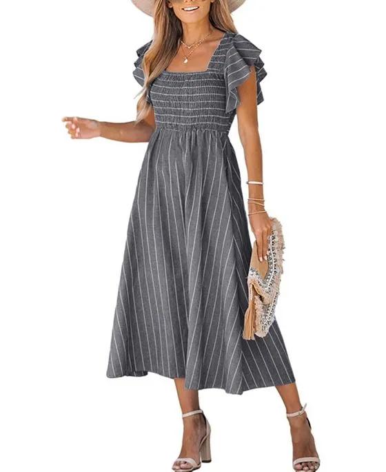Women's Pinstriped Smocked Maxi Dress