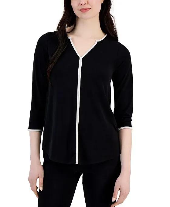 Women's Piped Split-Neck 3/4-Sleeve Top, Created for Macy's