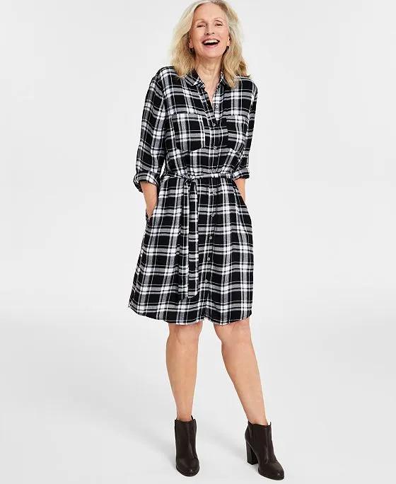 Women's Plaid Belted Long-Sleeve Shirt Dress, Created for Macy's