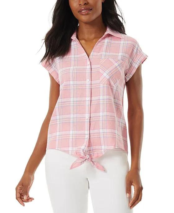 Women's Plaid Button-Front Tie-Hem Top