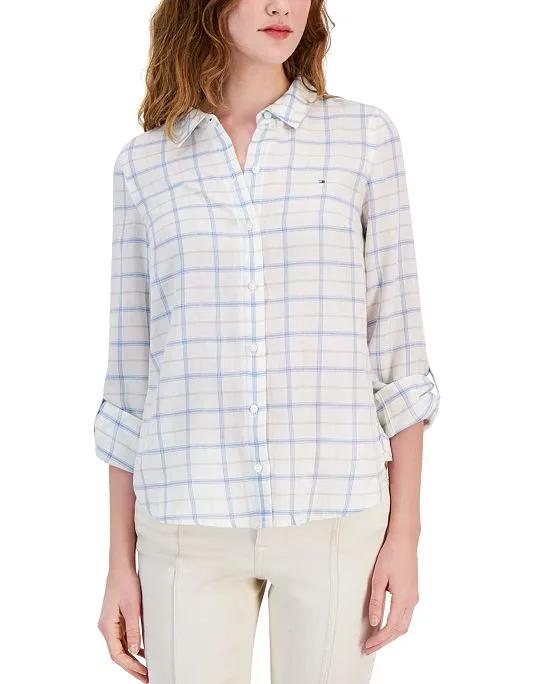 Women's Plaid Roll-Tab Button Shirt