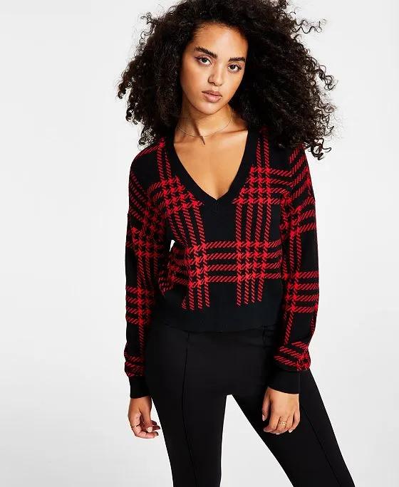 Women's Plaid V-Neck Drop-Shoulder Sweater, Created for Macy's
