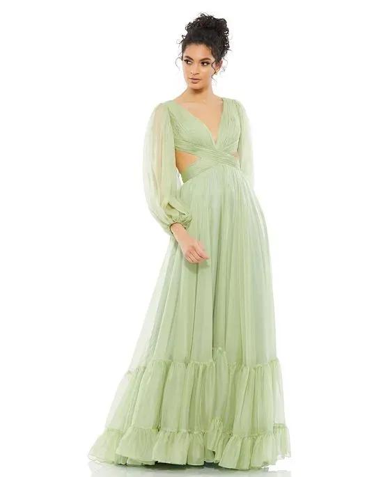 Women's Pleated Cut Out Long Sleeve Lace Up Tiered Gown