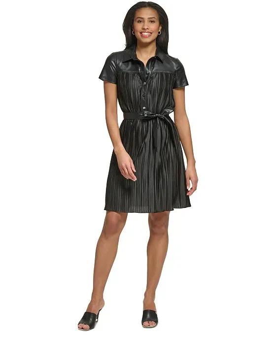 Women's Pleated Faux-Leather Shirtdress