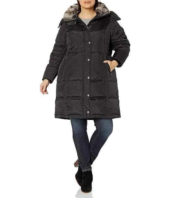 Women's Plus-Size Mid-Length Faux-Fur Collar Down Coat with Hood
