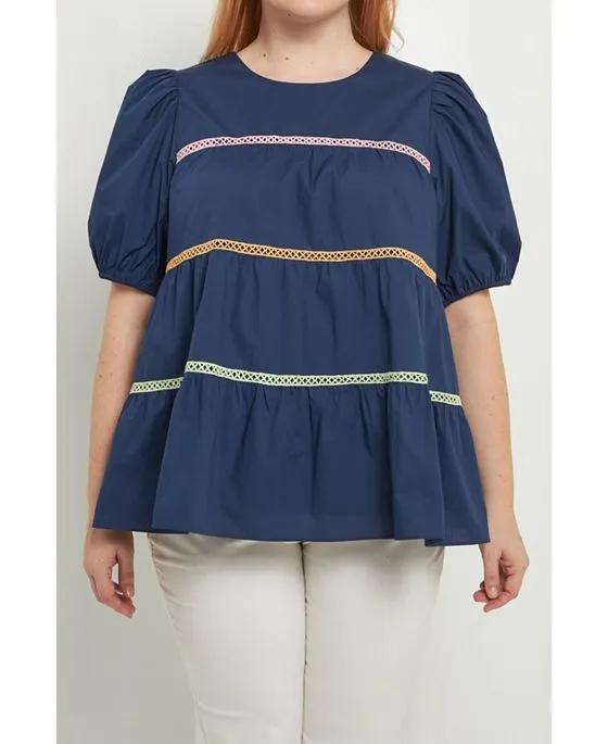 Women's Plus size Multi Color Trim Inserted Puff Sleeve Top