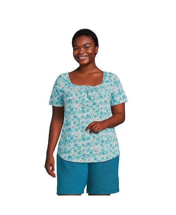 Women's Plus Size Short Sleeve Light Weight Smocked Square Neck Top