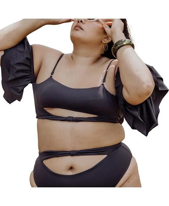Women's Plus Size Ty cutout bikini top with ruffle sleeves