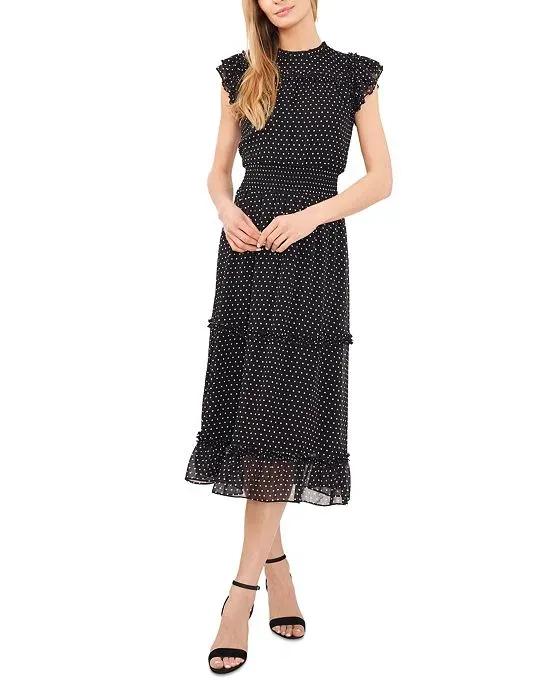 Women's Polka Dot Smocked-Waist Flutter-Sleeve Midi Dress