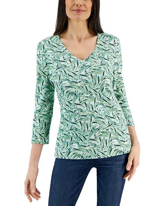 Women's Printed 3/4 Sleeve V-Neck Knit Top, Created for Macy's