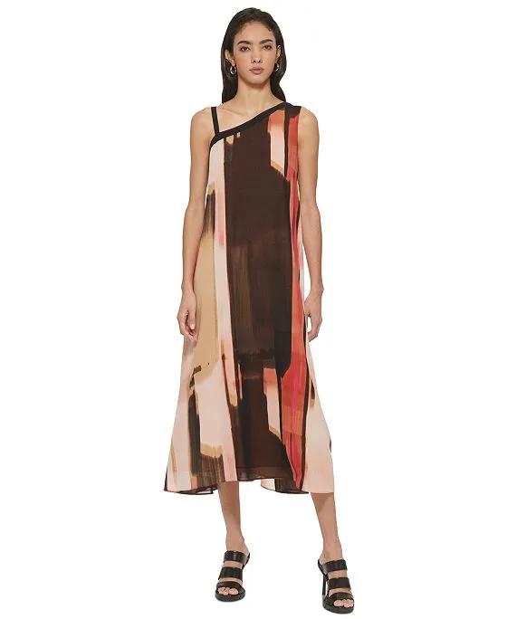 Women's Printed Asymmetric-Neck Chiffon Dress