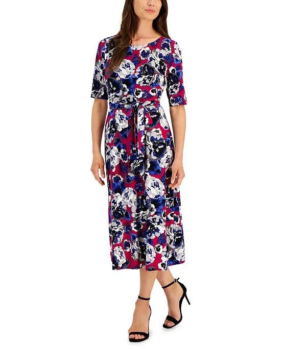 Women's Printed Belted Midi Fit & Flare Dress