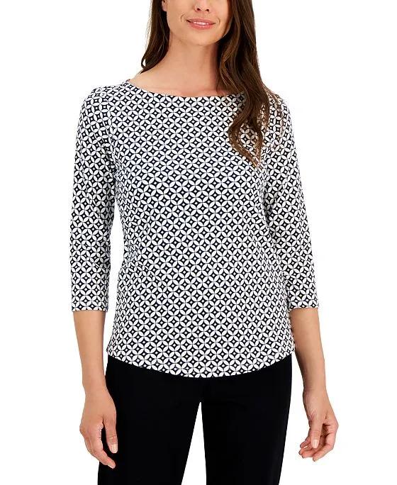 Women's Printed Boat-Neck 3/4-Sleeve Top, Created for Macy's